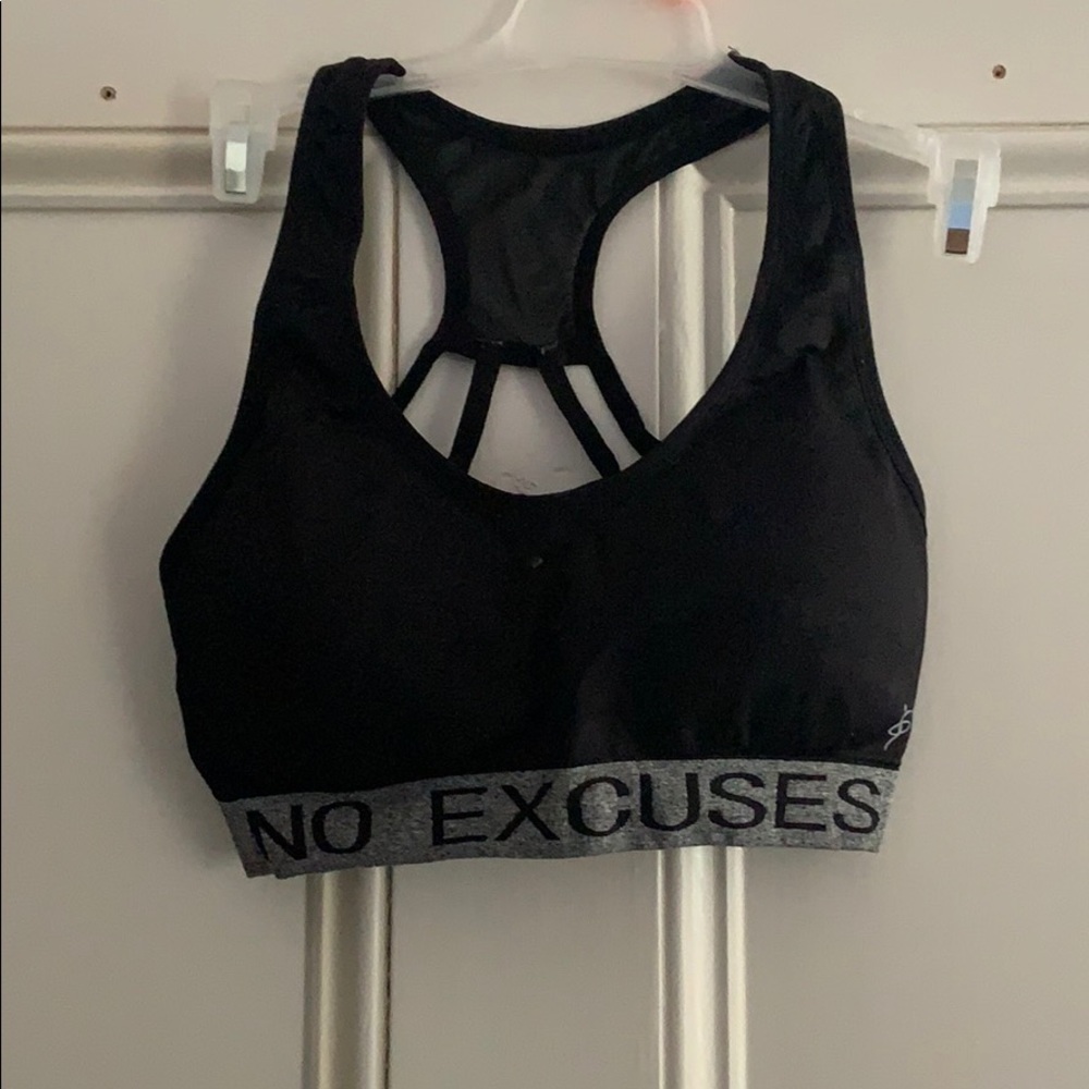 Black “No Excuses” sports bra
